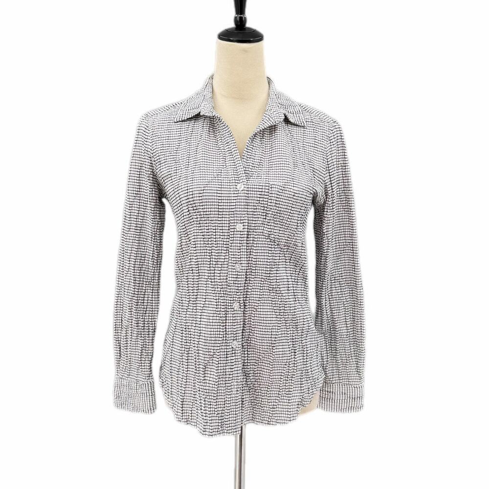 Finley Crinkle Black White Grid Long Sleeve Button Up Professional Collared Top